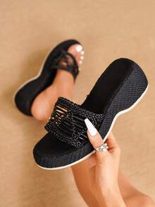 Damen Plateausandale und Keilsandale, einfacher runder Zehenriemchensandale zum Schlüpfen für den Lässig Beach, bohemian elegante Ferien Sandalen für Damen - Schwarz - Übersicht 5