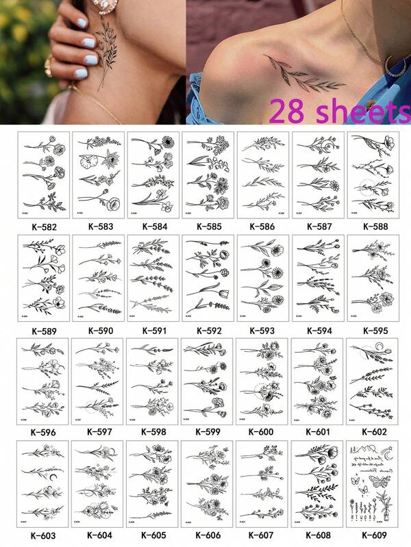 10/28 ورقة من FANRUI وشم مؤقت على شكل زهرة سوداء صغيرة شبيهة بالفرع للنساء والفتيات، وشم زهري واقعي صغير للرقبة، مجموعة وشوم مؤقتة لليد والوجه بزهور اللافندر للكبار