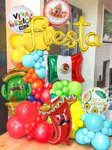7pcs Mexican Fiesta Balloon Party Decorations Including Gold Fiesta Banner, Cactuses, Chilies, Sombrero, Avocado Balloons