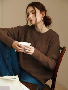 Knit Mix Áo len nữ kiểu Pháp thanh lịch, tay dài, cổ tròn, dáng rộng thoải mái, thích hợp cho mùa thu/đông, Giáng sinh, Lễ Tạ ơn, Năm mới, Ngày lễ tình nhân và các ngày lễ khác, một lựa chọn lý tưởng cho mùa tựu trường và trang phục mùa thu của nữ giới. - màu nâu - Xem 5