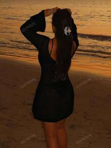 Women's Long Sleeve Hollow-Out Swimsuit Cover-Up, Elegant Boho Beach Vacation Style, V-Neck Short Dress