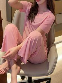 Conjunto de pijama de mujer de 3 piezas, pantalón largo, pantalón corto, camiseta de manga corta - Rosa - Ver 4