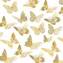 12pcs 3D Hollow Foldable Butterfly Wall Stickers, For Home Decoration, Gold Color Butterfly Decals Room Decor Wall Decor Personalised Stickers