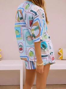 波西米亚印花休闲开衫和短裤套装 - 深色水洗藍 - 查看 3