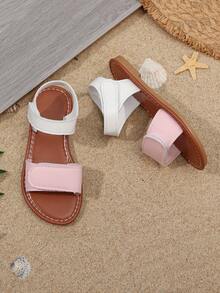 女童可调节双带舒适露趾平跟休闲可爱夏季/沙滩白色和粉色皮革凉鞋 - 淺粉色 - 查看 3