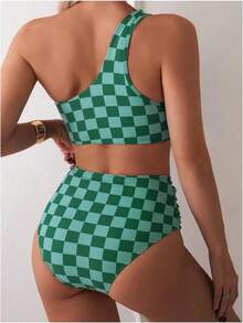 Retro Checkerboard Bikini – Asymmetrical Crop Top & Tummy Control Fit - Green Plaid - View 2