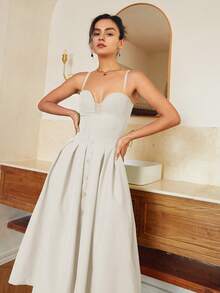 Damen elegantes einfarbiges ärmelloses Cocktailkleid, Business Lässig, beiges Kleid - Beige - Übersicht 4