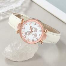 6 pièces Montres pour femmes, cadran simple avec chiffres et aiguilles papillon, montre à quartz ronde. Ensemble de montres, collier, bracelet, bague, boucles d'oreilles. Cadeau pour fête, mariage, vacances à la plage, Saint-Valentin