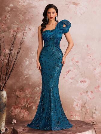 Elegant Formal Dress Luxurious Elegant Cocktail Party Dress, Custom Made Mermaid Silhouette Elastic Beaded One Shoulder Dress For Prom, Wedding, Evening Gala (Heavily Embellished)