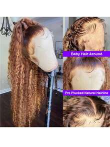 ZHENDEFA Wig mit verdecktem Träger, Jerry-Locken 360 Grad Vollspitzenperücke aus Echthaar ohne Klebstoff, vorgerupft, 4/27 Farbton, Echthaar-Perücke mit Ziehband und HD Vollspitzenfront Perücke mit Highlights