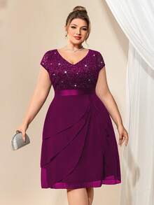 Plus V Neck Sequin Lace Contrast Ruffle Trim Chiffon Hem Cocktail Party Swing Dress - Maroon - View 8