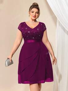 Plus V Neck Sequin Lace Contrast Ruffle Trim Chiffon Hem Cocktail Party Swing Dress