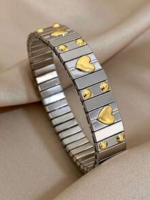 1pc Gold Heart-Shaped Bracelet, Elastic Stainless Steel Bracelet, Women's Silver Bangle, Suitable For Daily Wear, Parties, Weddings, Birthdays, Can Be Used As Jewelry Gift - Silver - View 5