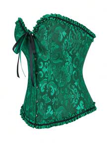 Plus Size Women Floral Jacquard Corset Bustier Top, Backless Strapless Bandeau Blouse For Party - Black Green - View 3