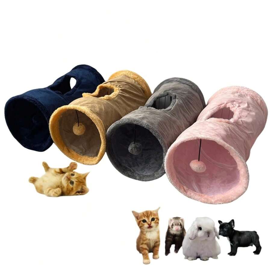 Túnel plegable de gamuza de invierno para gatos, para cachorros, conejos y gatitos, túnel oculto, juguete de cama interactivo en 2 maneras, 3 maneras, Cro - Túnel corto azul - Ver 1