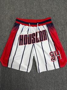 Größe 34 Herren gestreifte Basketball Shorts mit gesticktem Houston Buchstaben, klassische Retro Sportshorts mit Taschen, geeignet für Basketball, Baseball, Golf, tägliches Training, Laufen, Strand