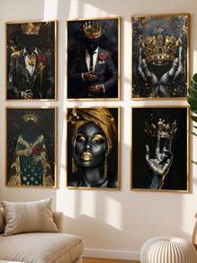 1pc African American Wall Art Kings And Queens Canvas Prints Woman Poster Gold Crown Painting Home Wall Decor Unframed