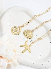 3pcs Ocean Vacation Style Waves, Starfish, Pearl & Shell Decor Multilayer Necklace, Vintage Fashion For Women