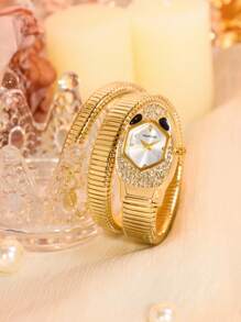 1 pieza Reloj de cuarzo con correa de acero dorado con diseño de serpiente, adecuado para uso diario y fiestas
