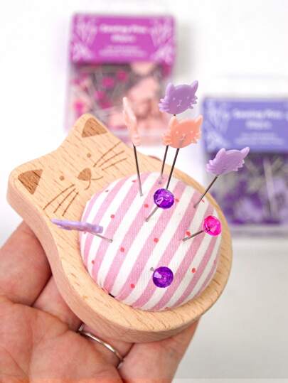1 Set Striped Cat Needle Cushion + 80pcs Cat Diamond Headed Pins, 20pcs Beechwood Carved Cork Needle Cushion With Pins, Suitable For Sewing, Quilting, Fixing Needles