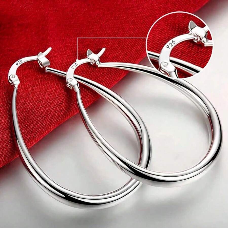 Hoa tai sóng hình bầu dục mạ bạc Sterling 925 dành cho nữ thời trang cưới đính hôn trang sức quyến rũ - Bạc - Xem 1