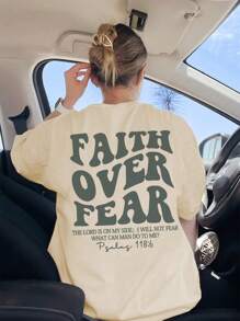 Ladies' Spring And Summer New Style Faith Over Fear Letter Print Daily Casual Round Neck Short Sleeved T-Shirt, Fashionable Vacation Style, Your Daily Necessity. Vacation Outfits Women Graphic Tees Women White Top