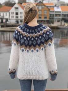 女士常规版型针织套头毛衣，饰有优雅的费尔岛图案和罗纹细节，适合春季日常穿着和通勤，白色 - 白色 - 查看 8