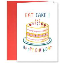 1 张趣味生日贺卡，带信封 - “吃蛋糕！”设计，彩色草莓和蛋糕插图，非常适合家人、朋友、同事 - 英语语言、生日派对装饰、学校用品、返校