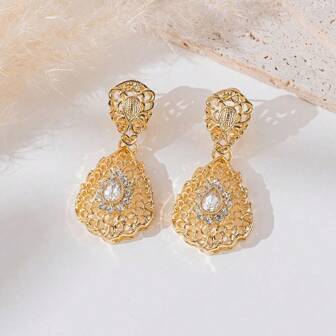 1 Pair Fashionable Middle Eastern/Arabic Women Teardrop Earrings, Moroccan/Algerian Bride Wedding Jewelry, Hollow Floral Design With Rhinestones