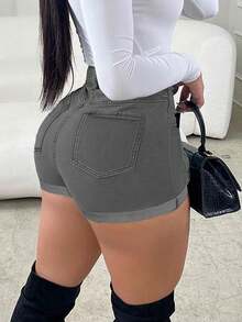 Shorts vaqueros ceñidos de tiro alto con bolsillos y dobladillo con puños - Gris Claro - Ver 3
