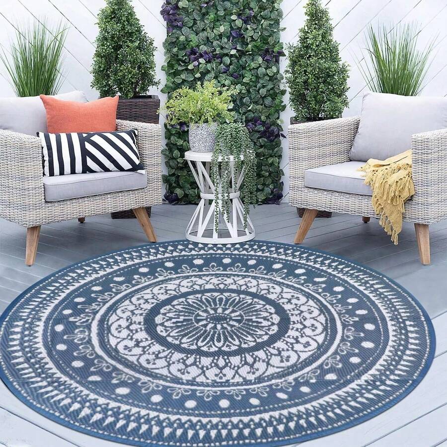 Cekene Round Outdoor Rugs For Patios Waterproof 240cm Reversible Camping Mat And Rug Plastic Outdoor Rugs For Garden Large Floor Area Rug For Outdoors Garden RV Trailer Backyard Deck Picnic Grey - Blue/White - View 1