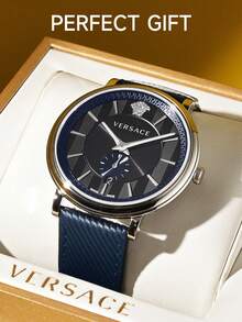 Versace Quartz Wrist Watch For Men, Business Chic Blue Leather Adjustable Strap Watch With Vertical Stripe Dial And Siliver Stainless Steel Case,VEBQ01018 - Navy Blue - View 4