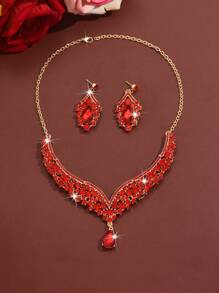Set de 2 piezas de joyería nupcial de lujo con cristales completos, incluye collar y pendientes, en color rojo