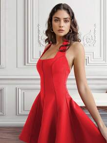Stylish Halter Neckline Pleated Red Party Dress - Red - View 4