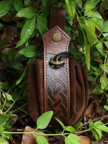 中世纪复古印花 PU 皮革腰包带抽绳便携式零钱包适用于维京人角色扮演 LARP 炼金术士女巫腰包、骰子包万圣节 - 棕色 - 查看 13