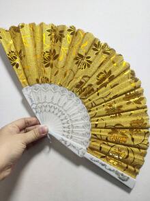 Floral Printed Fabric Hand Fan Metallic Shine National Shipping - Gold - View 3