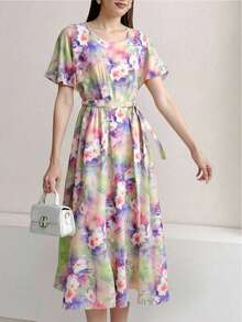 Vestido Midi con Estampado Romántico y 3D Floral – Ideal para Vacaciones o Citas - Púrpura polvoriento - Ver 3