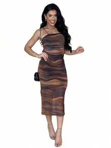 Vestido Mídi Estampado de Tule Elegante Casual Festa - Marrom - Visão 1