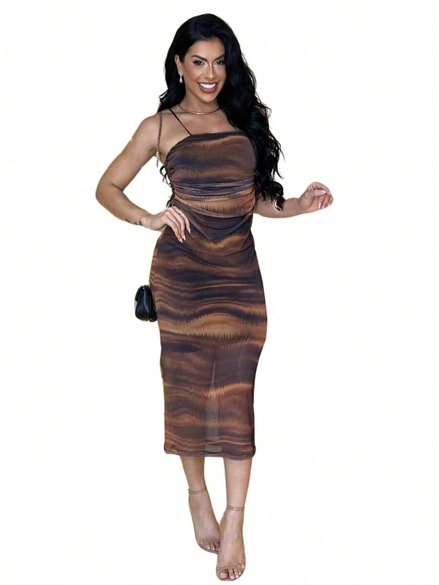 Vestido Mídi Estampado de Tule Elegante Casual Festa - Marrom - Visão 1