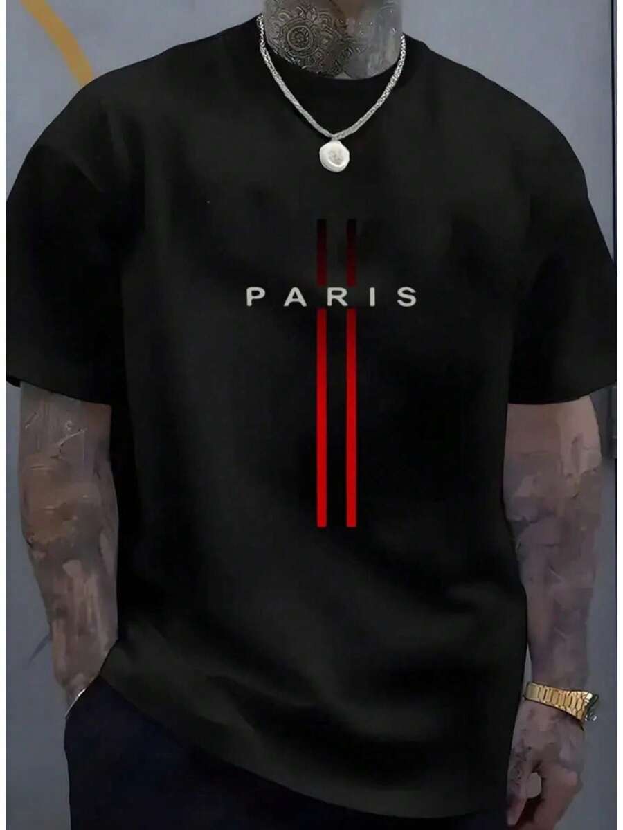 Men's Paris Stripe T-Shirt Short Sleeve Printed Mesh 30.1 Cotton - màu đen - Xem 1