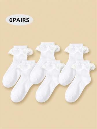 6 pares de medias tobilleras de princesa con doble encaje blanco, medias transpirables de malla para niñas