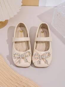 Sapatilhas quadradas Simples e Confortáveis com Laço e Strass para Meninas