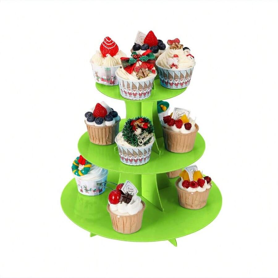 Cake Stand Holder, 3-Tier Cupcake Stand, Tiered DIY Cupcake Stand Tower For Dessert Table Displays, Birthday Theme Party Favors Decoration, Floral Tea Party, 12" W X 12.8" H, White - Green - View 1