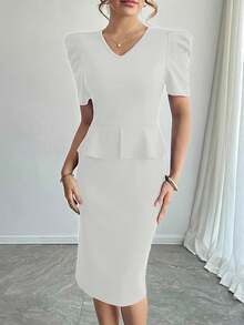 Dresses For Women 2025 Vintage Business Casual Work Office Proffessional Pencil Empire Waist Short Sleeve V-Neck Interview Teacher Sheath Peplum Dress Hide Tummy - 白色 - 查看 5