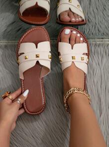 Sandalias planas de estilo coreano casual para mujer, para uso en exteriores, de punta abierta, nuevos modelos de primavera/verano, sandalias romanas trenzadas para la playa, zapatos planos de estilo francés elegante, apropiados para vestidos, ropa formal, sandalias festivas, estilo bohemio de punta abierta para la playa, zapatos de mujer con cristales, zapatos planos y casuales lindos, sandalias planas de suela gruesa, con cordones, lentejuelas, mule, pantuflas con remaches