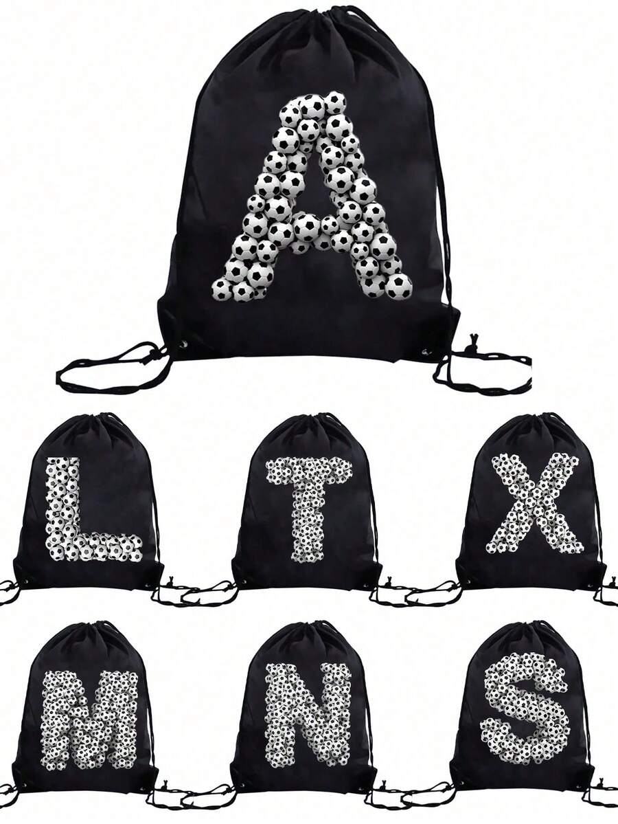 1 件 A-Z 足球图案字母，儿童户外运动包，户外足球背包，篮球背包，男孩/女孩户外运动徒步旅行包，大容量轻便抽绳包 - 黑色 - 查看 1