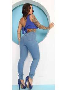 Calça Jeans Feminina Cintura Alta Skinny Empina Bumbum Com Elastano