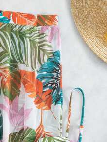 Tropical Print High Slit 3 Piece Bikini Set, Summer Beach Cover Up, 3 Pieces Beach And Vacation Outfits Set For Women: Ruched Strappy Bikini Swimsuit Set With Hard Cup + Semi-Sheer Botanical Print Bottoms - 彩色 - 查看 6