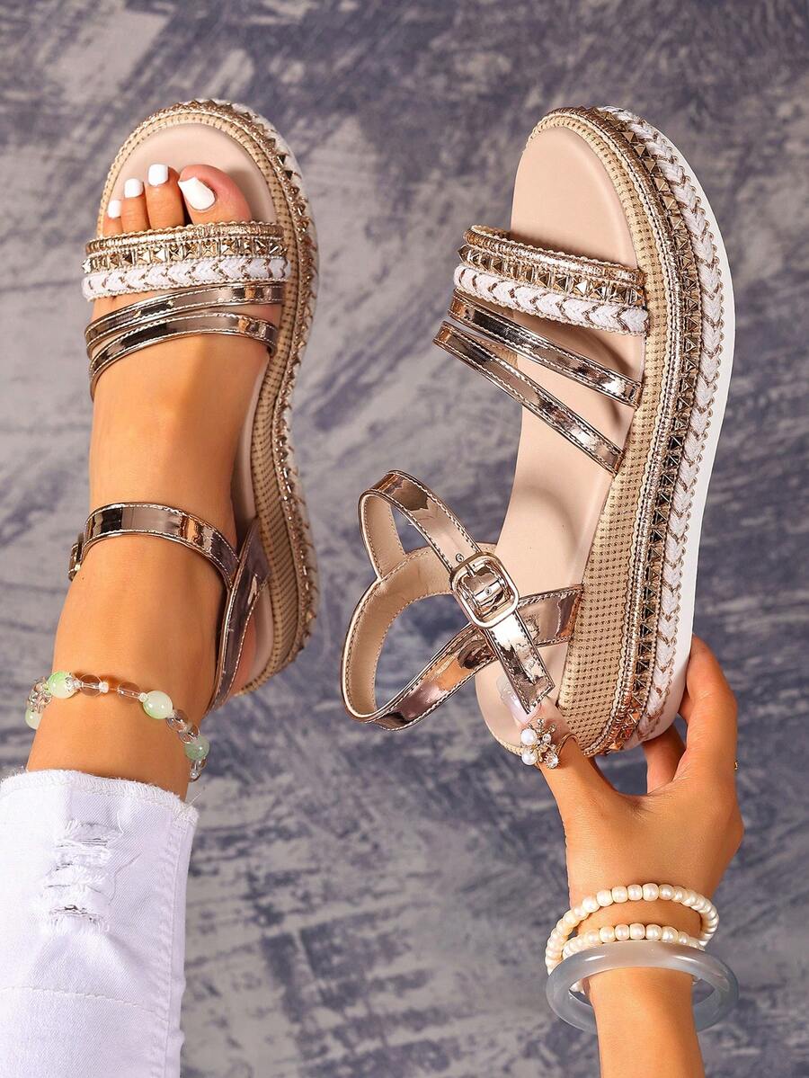 Summer Fashion Women's Wedge Sandals, Bohemian Style Rivet Open-Toe Design With Ankle Strap, Breathable And Comfortable Casual Elegant Flat Shoes