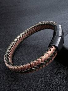 1 件扣男士 PU 皮革手链，钛钢朋克编织腕带圣诞新年情人节节日礼物